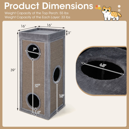 39" Tall Cat Condo with Scratching Posts and 3 Hideaways and 4 Soft Plush Cushions-Gray - Image 6