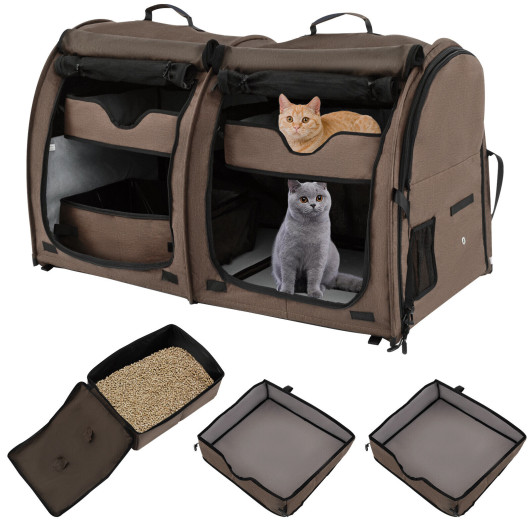 Double Compartment Pet Carrier with 2 Removable Hammocks-Brown - Image 3