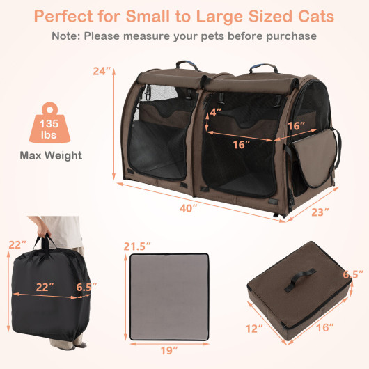 Double Compartment Pet Carrier with 2 Removable Hammocks-Brown - Image 4