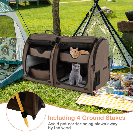 Double Compartment Pet Carrier with 2 Removable Hammocks-Brown - Image 5