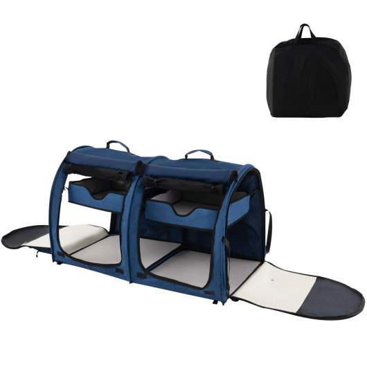 Double Compartment Pet Carrier with 2 Removable Hammocks-Navy - Image 2