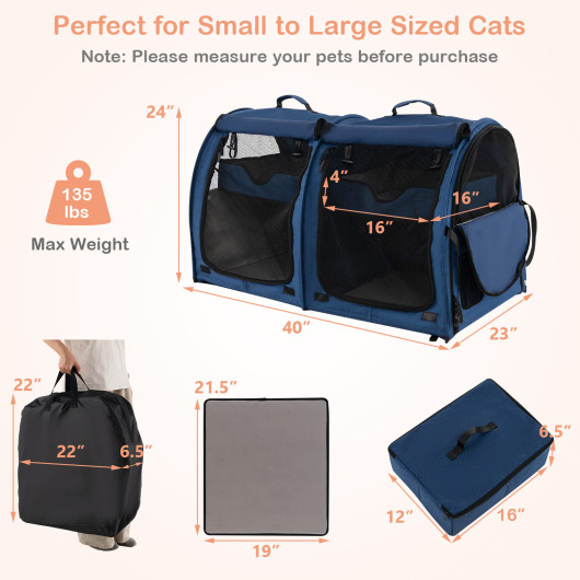 Double Compartment Pet Carrier with 2 Removable Hammocks-Navy - Image 6