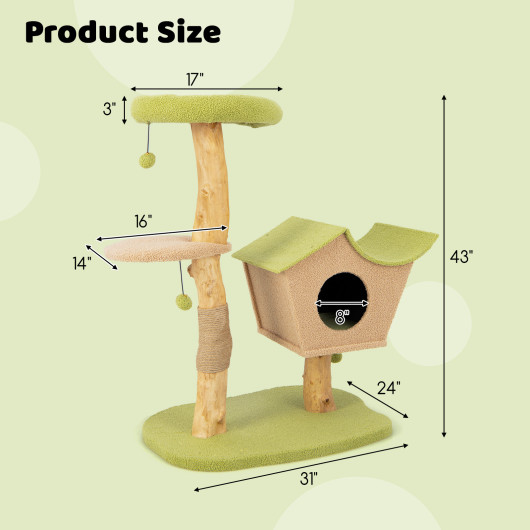 43 Inch Wooden Cat Tree with Padded Top Perch-Green - Image 2