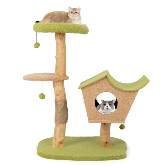 43 Inch Wooden Cat Tree with Padded Top Perch-Green - Image 3