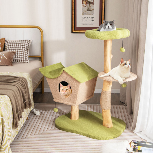 43 Inch Wooden Cat Tree with Padded Top Perch-Green - Image 5