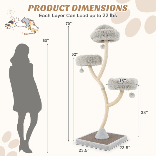 70" Tall Cat Tree 4-Layer Cat Tower with 3 Perches and Dangling Balls-Gray - Image 5