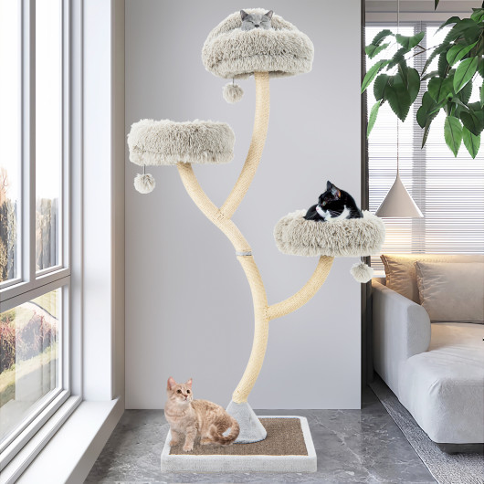70" Tall Cat Tree 4-Layer Cat Tower with 3 Perches and Dangling Balls-Gray - Image 2