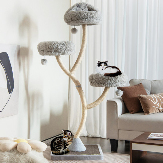 70" Tall Cat Tree 4-Layer Cat Tower with 3 Perches and Dangling Balls-Gray - Image 6