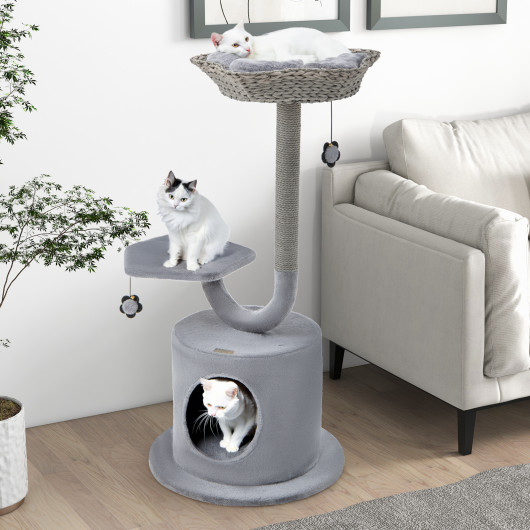 42" Tall Cat Tower with Curved Metal Supporting Frame for Large & Small Cats-Gray - Image 4