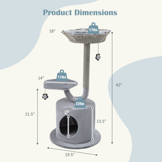 42" Tall Cat Tower with Curved Metal Supporting Frame for Large & Small Cats-Gray - Image 5