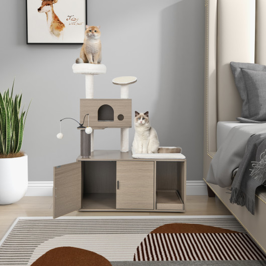 2-in-1 Modern Cat Tower with Litter Box Enclosure for Indoor Cars-Gray - Image 5