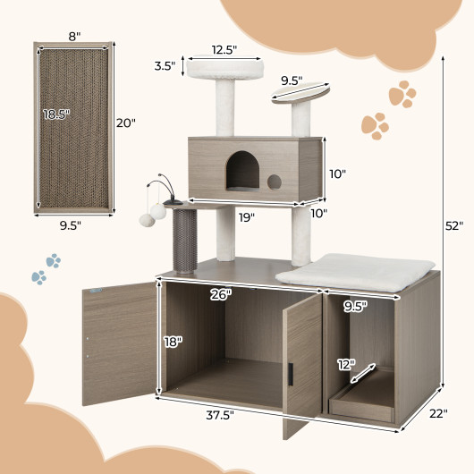 2-in-1 Modern Cat Tower with Litter Box Enclosure for Indoor Cars-Gray - Image 6