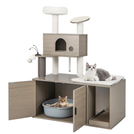 2-in-1 Modern Cat Tower with Litter Box Enclosure for Indoor Cars-Gray - Image 2