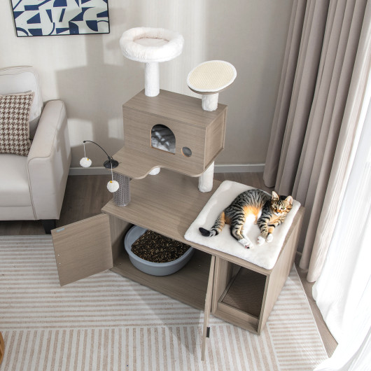 2-in-1 Modern Cat Tower with Litter Box Enclosure for Indoor Cars-Gray - Image 4