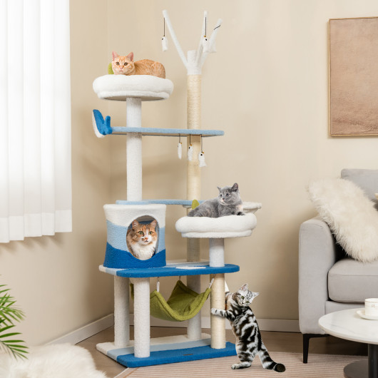 Multi-level Cat Tower with Sisal Covered Scratching Posts-Blue - Image 5