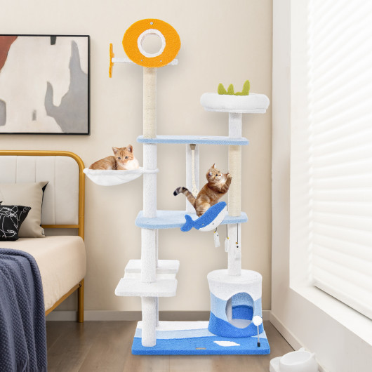 Multi-level Ocean-themed Cat Tree Tower with Sisal Covered Scratching Posts-Blue - Image 4