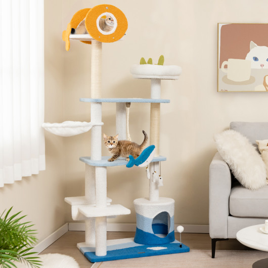 Multi-level Ocean-themed Cat Tree Tower with Sisal Covered Scratching Posts-Blue - Image 3