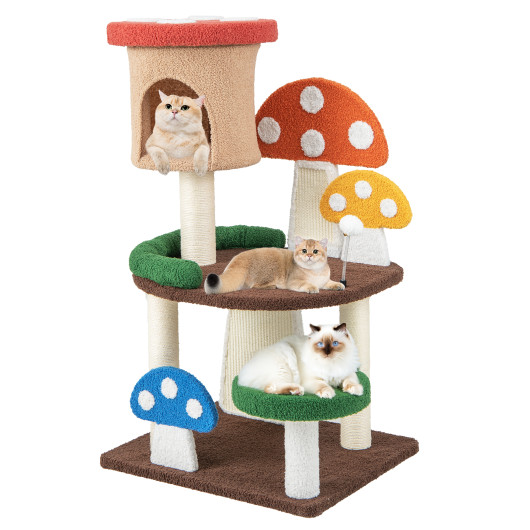 4-In-1 Mushroom Cat Tree with Condo Spring Ball and Sisal Posts-Multicolor - Image 6