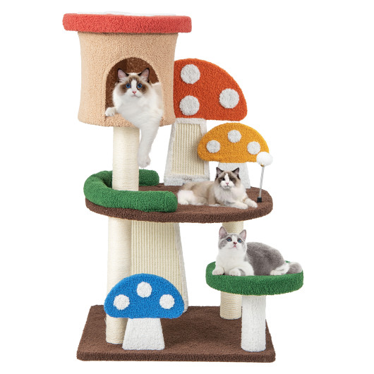 4-In-1 Mushroom Cat Tree with Condo Spring Ball and Sisal Posts-Multicolor - Image 2