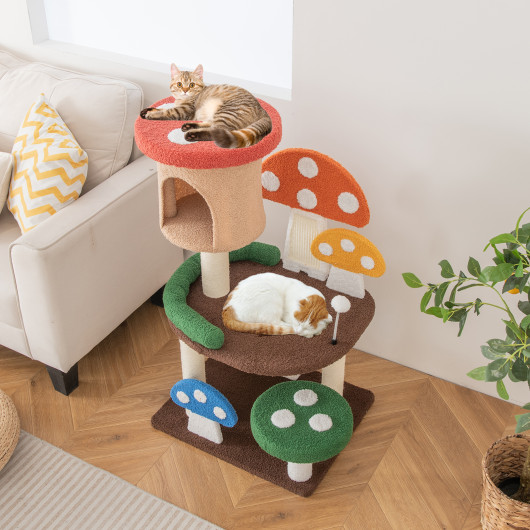 4-In-1 Mushroom Cat Tree with Condo Spring Ball and Sisal Posts-Multicolor - Image 3