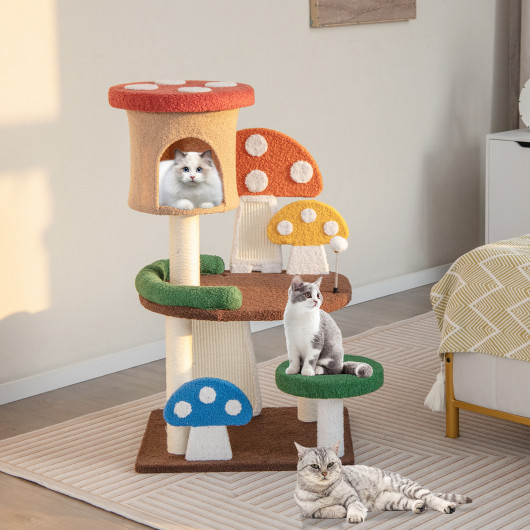 4-In-1 Mushroom Cat Tree with Condo Spring Ball and Sisal Posts-Multicolor - Image 5