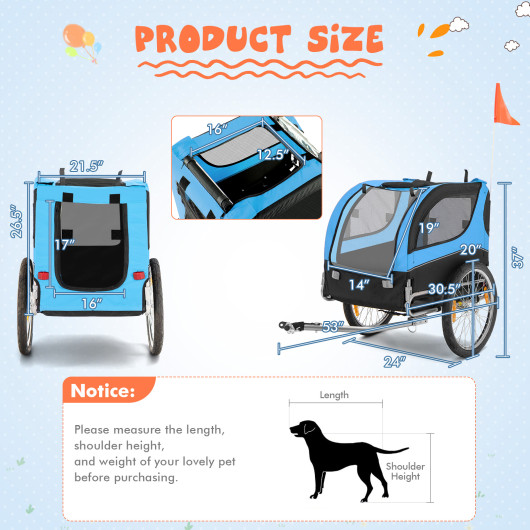 Dog Bike Trailer Foldable Pet Cart with 3 Entrances for Travel-Blue - Image 6