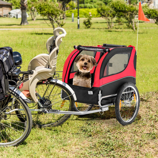 Dog Bike Trailer Foldable Pet Cart with 3 Entrances for Travel-Red - Image 2