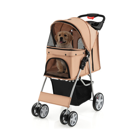Foldable 4-Wheel Pet Stroller with Storage Basket-Beige - Image 2
