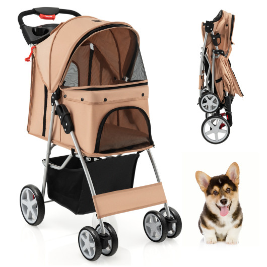 Foldable 4-Wheel Pet Stroller with Storage Basket-Beige - Image 3