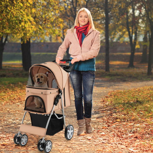 Foldable 4-Wheel Pet Stroller with Storage Basket-Beige - Image 4