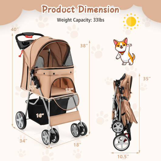 Foldable 4-Wheel Pet Stroller with Storage Basket-Beige - Image 5