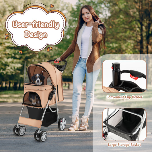Foldable 4-Wheel Pet Stroller with Storage Basket-Beige - Image 6