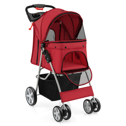 Folding Pet Stroller with Storage Basket and Adjustable Canopy-Red - Image 2