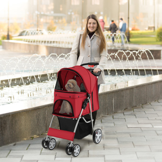 Folding Pet Stroller with Storage Basket and Adjustable Canopy-Red - Image 3