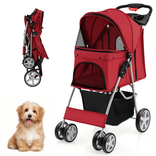 Folding Pet Stroller with Storage Basket and Adjustable Canopy-Red - Image 4