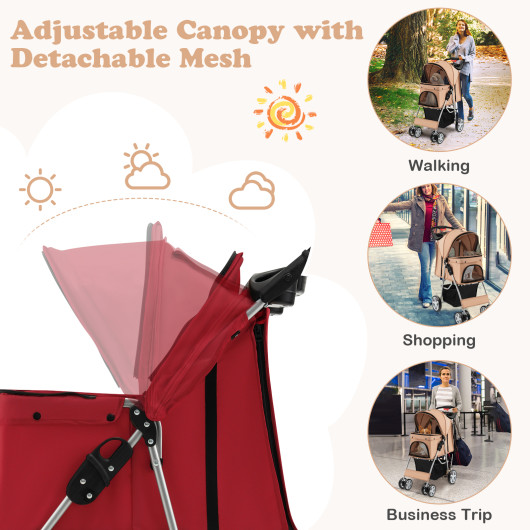 Folding Pet Stroller with Storage Basket and Adjustable Canopy-Red - Image 5