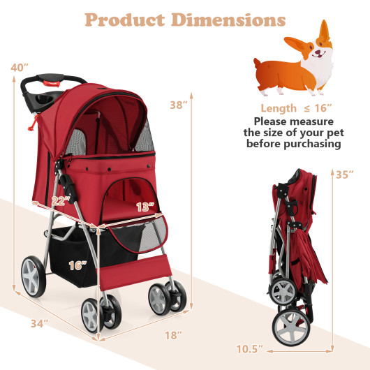 Folding Pet Stroller with Storage Basket and Adjustable Canopy-Red - Image 6