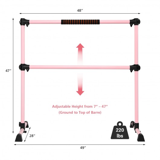 4 Feet Portable Ballet Barre with Adjustable Height-Pink - Image 5