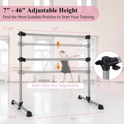 4 Feet Double Ballet Barre Bar with Adjustable Height-Silver - Image 5