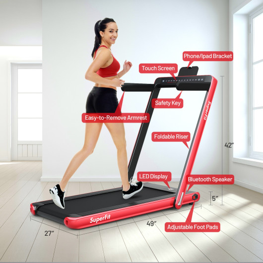 2-in-1 Electric Motorized Health and Fitness Folding Treadmill with Dual Display and Speaker-Red - Image 3