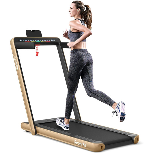 2-in-1 Electric Motorized Health and Fitness Folding Treadmill with Dual Display and Speaker-Yellow - Image 3