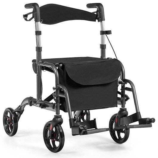 2-in-1 Adjustable Folding Handle Rollator Walker with Storage Space-Black - Image 2