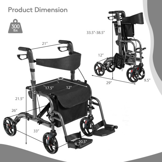 2-in-1 Adjustable Folding Handle Rollator Walker with Storage Space-Black - Image 6