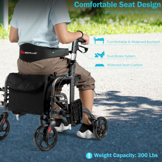 2-in-1 Adjustable Folding Handle Rollator Walker with Storage Space-Black - Image 4