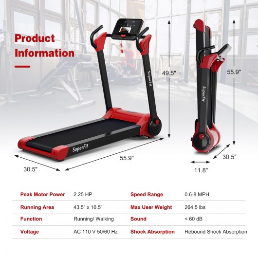 2.25 HP Electric Motorized Folding Running Treadmill Machine with LED Display-Red - Image 3