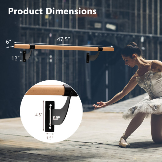 4 Feet Wall-Mounted Ballet Barre for Yoga-Black - Image 5