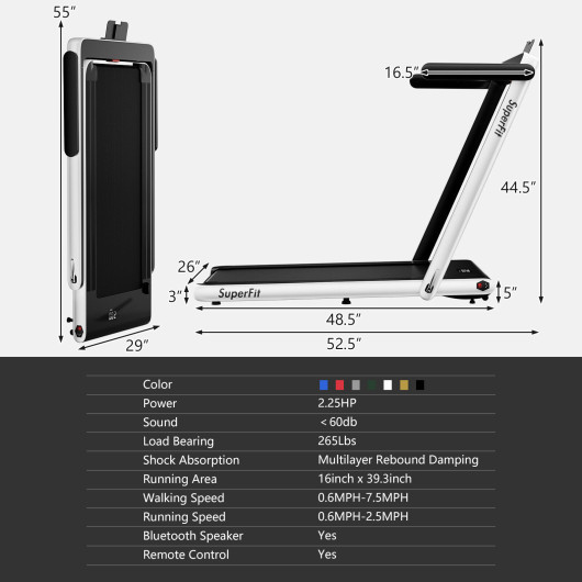 2.25HP 2 in 1 Folding Treadmill with APP Speaker Remote Control-White - Image 2
