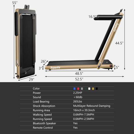 2.25HP 2 in 1 Folding Treadmill with APP Speaker Remote Control-Yellow - Image 5