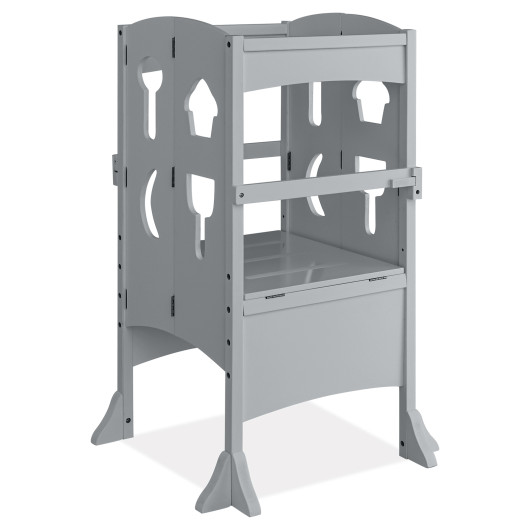 Folding Wooden Step Stool with Lockable Safety Rail for Toddler 3+-Gray - Image 2