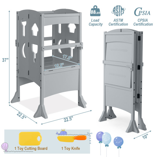 Folding Wooden Step Stool with Lockable Safety Rail for Toddler 3+-Gray - Image 6